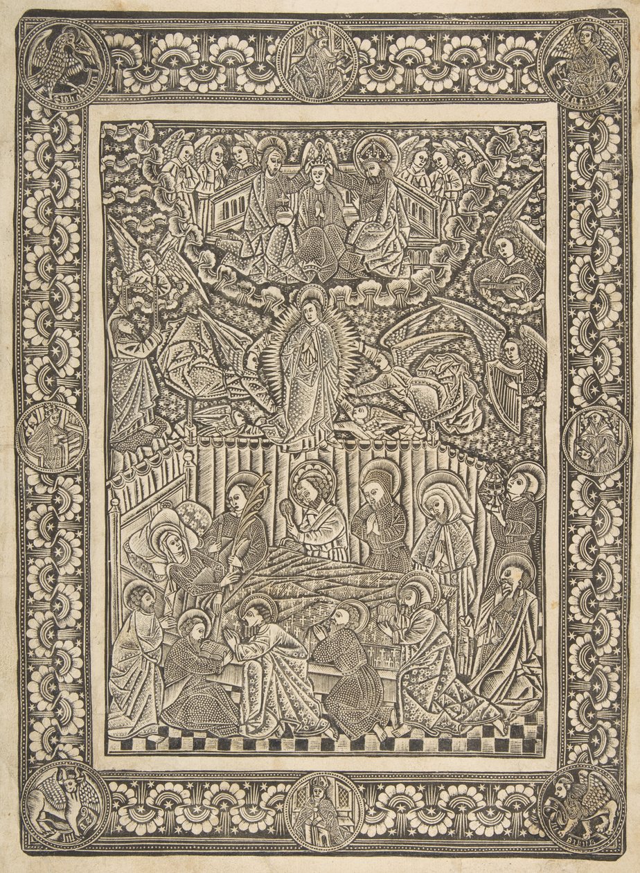 द डेथ, एसेम्प्शन, एंड क्राउनिंग ऑफ़ द वर्जिन, सीए। 1470-85। द्वारा पर्वतीय बादलों का स्वामी और चर्च के पिताओं की सीमा का स्वामी
