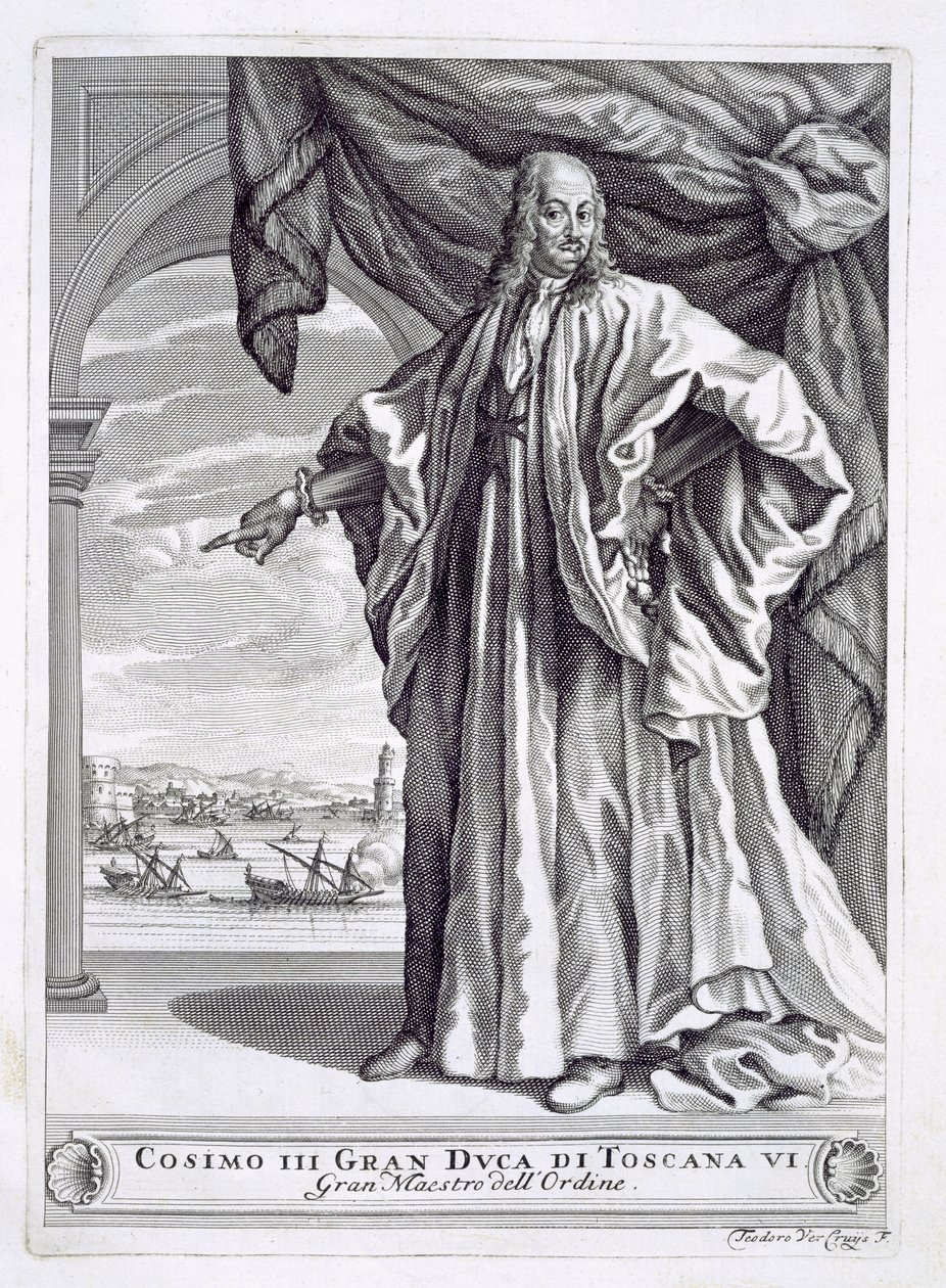 पोर्टिमेट ऑफ कोसिमो III डी मेडिसी (1642-1723), आई प्रीगी डेला टोस्काना से सामने की ओर, फुलेवियो फोंटाना द्वारा, 1701 प्रकाशित द्वारा थियोडोर वर्क्रूइस
