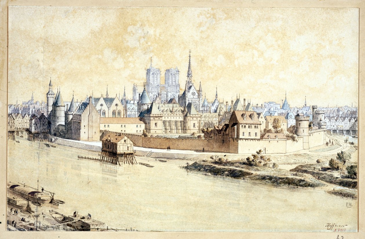 1530 में Le Palais et la Cité (पूर्वव्यापी रचना) (कागज पर कलम और स्याही और जल रंग) द्वारा थियोडोर जोसेफ ह्यूबर्ट हॉफबॉयर