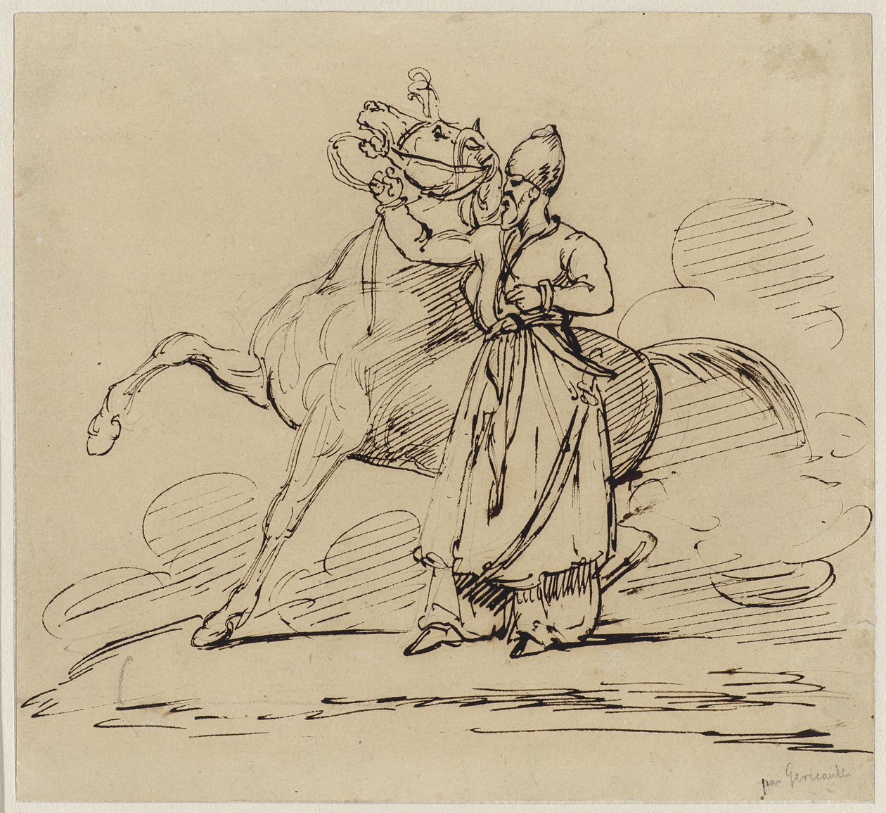 पर्सन टेनेंट अन शेवल (फारसी होल्डिंग ए हॉर्स), c.1817-22 (पेन पेपर पर ग्रेफाइट के निशान के साथ कलम और भूरे रंग की स्याही) द्वारा थियोडोर गेरिकौल्ट