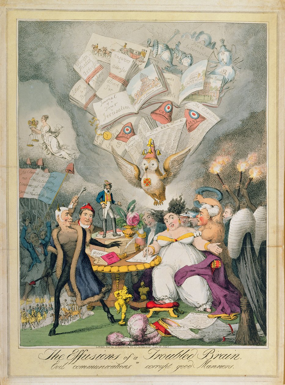 जी। हम्फ्रे, 1821 (रंगीन नक़्क़ाशी) द्वारा प्रकाशित एक परेशान मस्तिष्क या ईविल कम्युनिकेशंस करप्ट गुड मैनर्स के प्रयास द्वारा थियोडोर लेन