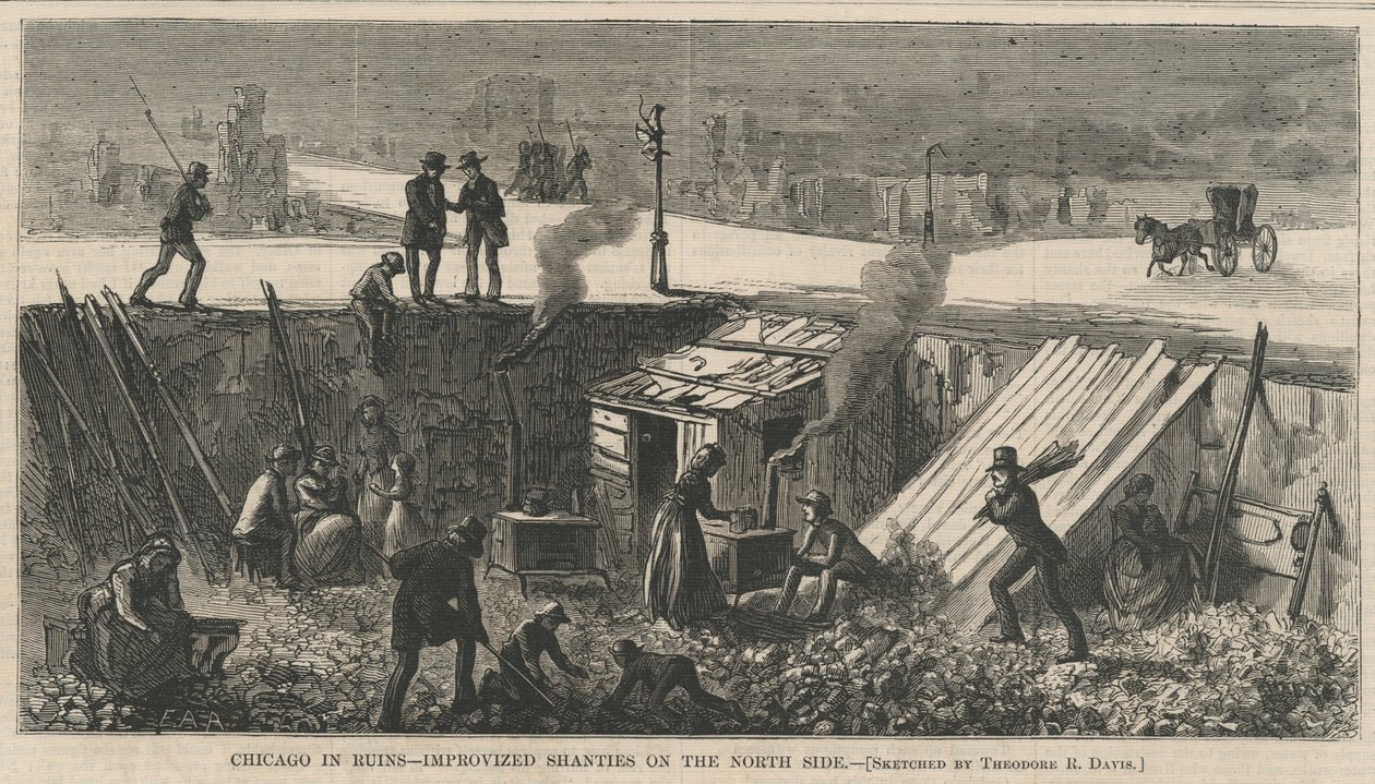 खंडहर में शिकागो - उत्तर की ओर सुधारित झोंपड़ियों, हार्पर्स वीकली, 1871 से चित्रण द्वारा थियोडोर रसेल डेविस