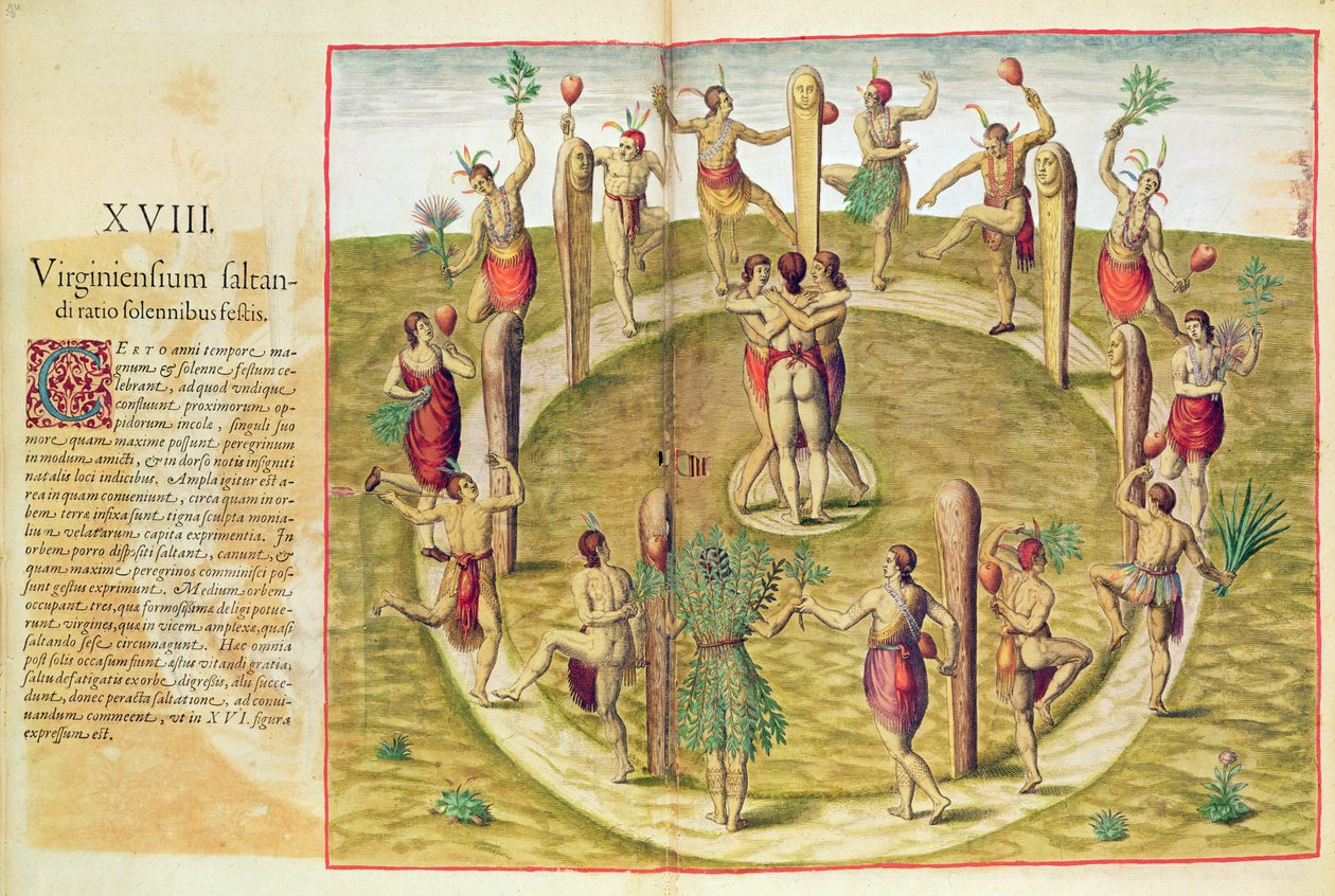 एडमिरंता नररोटो, द वर्जिनियन रिचुअल डांस ऑफ फ्रेंडशिप (पृष्ठ 85), 1585-88 (रंग उत्कीर्णन) द्वारा थियोडोर डी ब्राय