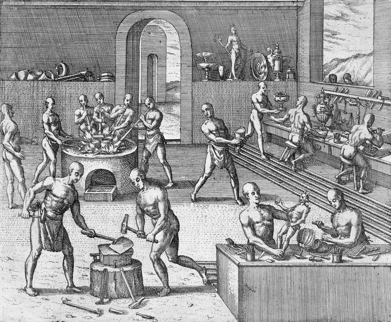 क्विटो में अताहुआल्पा के सुनारों की कार्यशाला, जोहान लुडविग गॉटफ्रीड के &39;न्यूवे वेल्ट अन अमेरिकन यूनिसेक्स हिस्टोरियन&39; से जेरोलामो बेंज़ोनी के एक खाते से, मैटाएज़ मेरियन, फ्रैंकफर्ट, फ्रैंकफर्ट द्वारा प्रकाशित द्वारा थियोडोर डी ब्राय