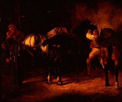 एक अस्तबल में तीन घोड़े द्वारा थिओडोर (attr। To) Gericault