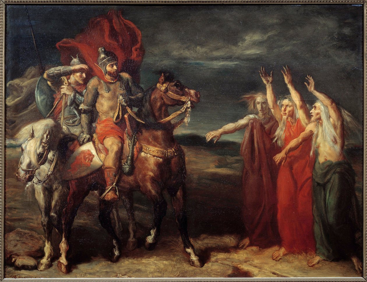 मैकबेथ और विलियम शेक्सपियर के नाटक "मैकबेथ" के अधिनियम I के दृश्य 3 का तीन चुड़ैलों का चित्रण। थियोडोर चेसेरियाउ (1819-1856) 1855 सन द्वारा पेंटिंग। 0,72x0,9 मीटर पेरिस, म्यूसी डी'ऑर्से द्वारा थियोडोर चेसियारौ