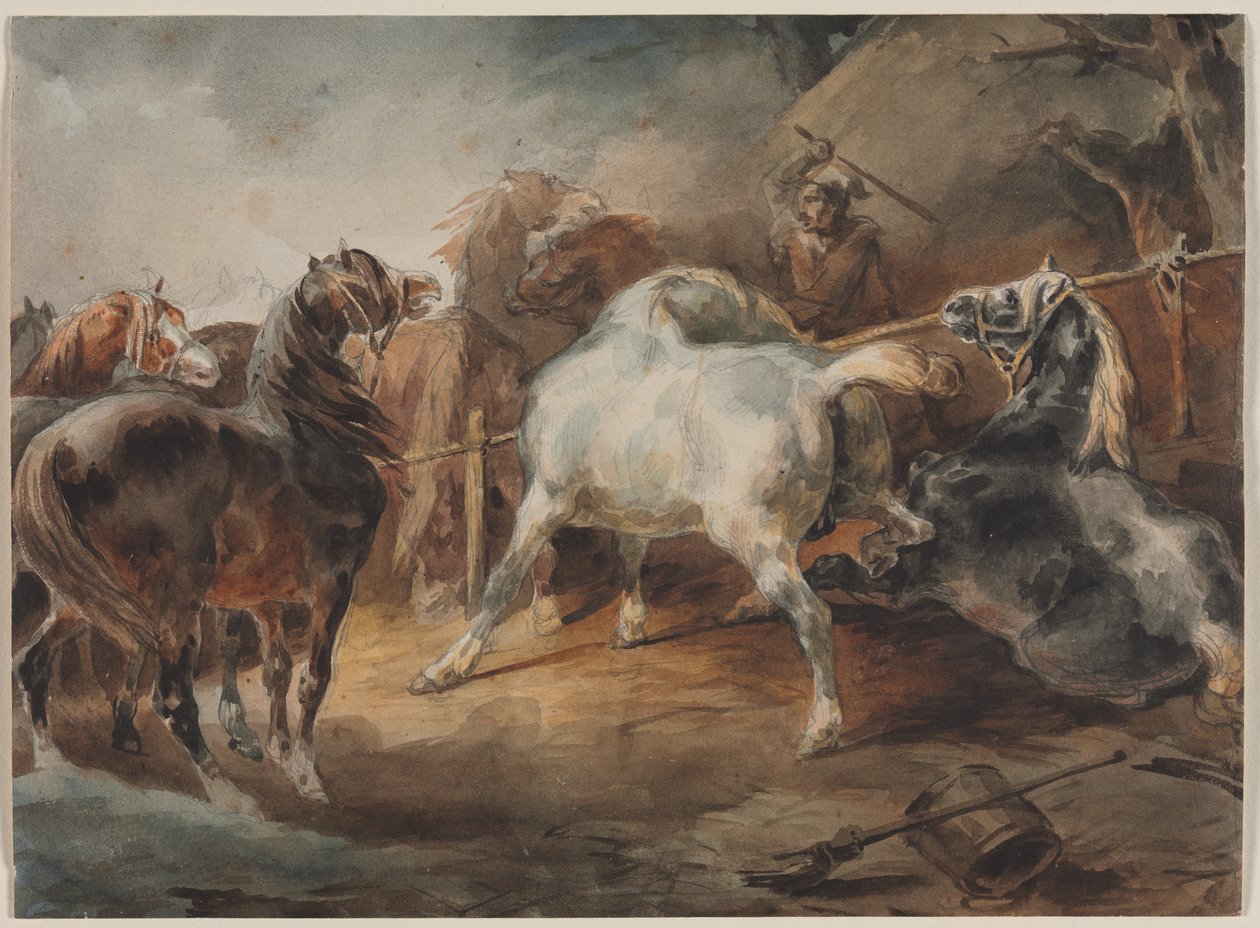 लड़ घोड़े, c.1820 (कागज पर ग्रेफाइट से अधिक पानी) द्वारा थियोडोर गेरिकौल्ट