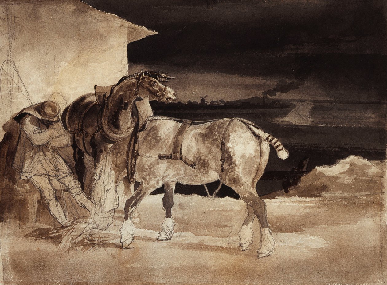 दो घोड़े और एक सोते हुए दूल्हे, c.1822-1823 द्वारा थियोडोर गेरिकौल्ट