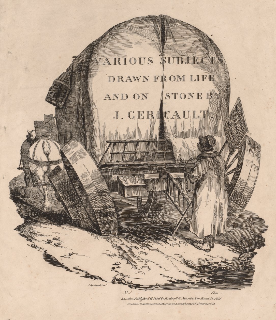 लाइफ एंड ऑन स्टोन से विभिन्न विषय: ए वैगन विद हारनेस हॉर्स, 1821। द्वारा थियोडोर गेरिकौल्ट