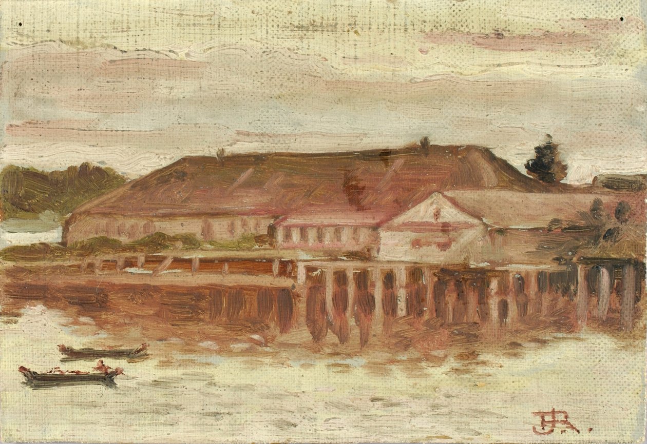 ट्रेडिंग पोस्ट और व्हार्फ बिल्डिंग, सीताका, इवनिंग, सीए। 1880-1914। द्वारा थिओडोर जे रिचर्डसन