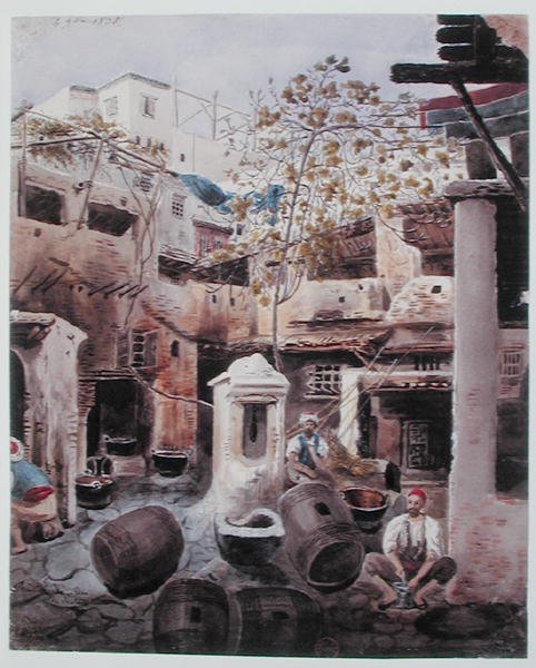 ए डाईवर्क्स, रुए डू दीवान, अल्जीयर्स। c.1835 (कागज पर जल रंग) द्वारा थियोडोर लेब्लांक