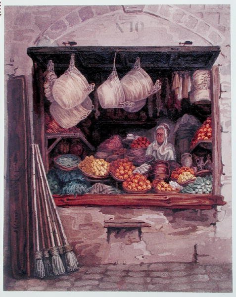 फल और सब्जियां बेचने वाली एक महिला, अल्जीयर्स, c.1835 (कागज पर पानी के रंग का) द्वारा थियोडोर लेब्लांक