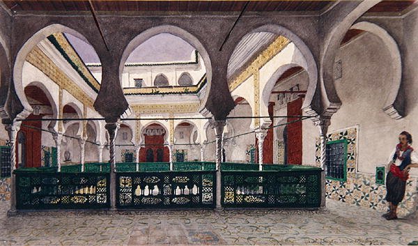 अल्जीयर्स में एक घर के आंतरिक आंगन का दृश्य, c.1830 (कागज पर पानी के रंग का) द्वारा थियोडोर लेब्लांक