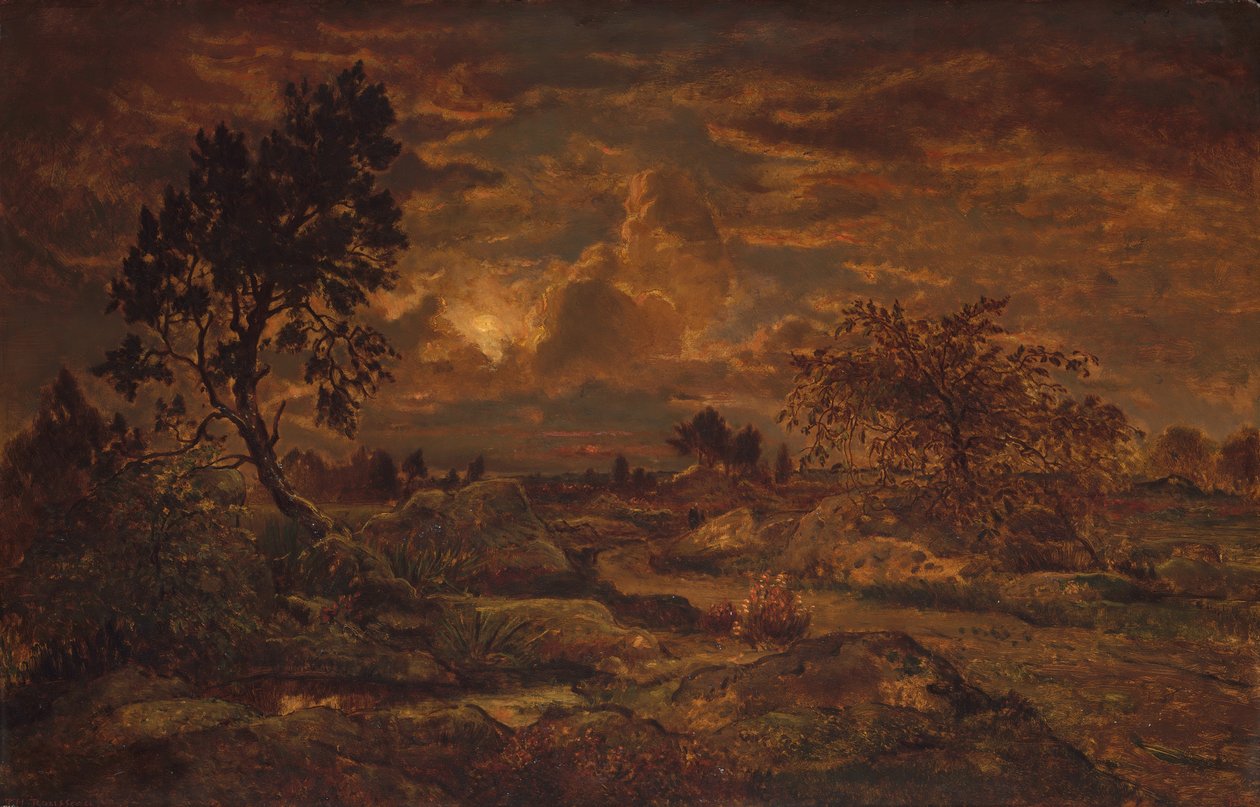 Arbonne के पास सूर्यास्त, ca. 1860-65। द्वारा थिओडोर रूसो