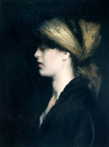 Chiaroscuro, एक प्रोफ़ाइल, गोल्डन स्कार्फ, c.1900 (कैनवास पर तेल) द्वारा थियोडोर रूसेल
