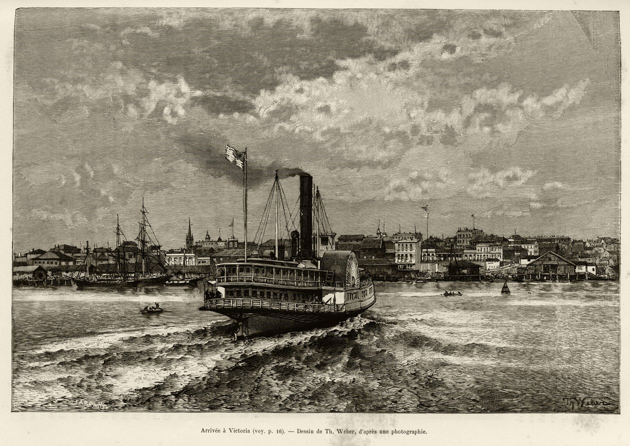 विक्टोरिया, कनाडा में आगमन। 1890 में ई.कोटेउ द्वारा कहानी "" द ट्रांसकैनाडियन एट ल'अलास्का "" को चित्रित करने के लिए थ वेबर द्वारा उत्कीर्णन, ले टूर डू मोंडे में, नोव्यू जर्नल डेस वॉयेज, एडौर्ड चार्टन द्वारा संपादित (१८०७-१८९०), दूस द्वारा थिओडोर वेबर