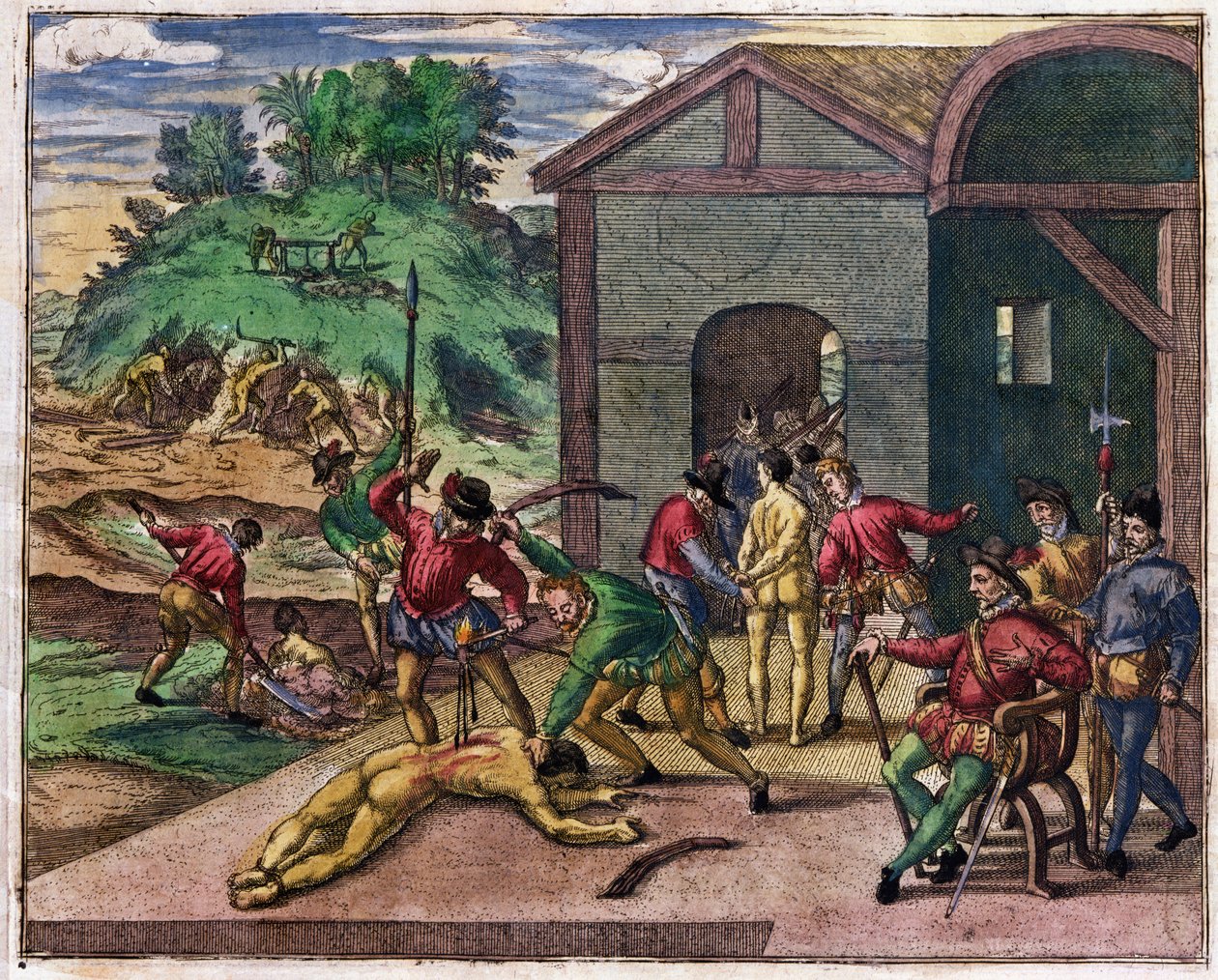 भारतीयों की ओर स्पैनिश उपनिवेशवादियों की क्रूरता, मैक्सिको, c.1550 द्वारा थियोडोर डी ब्राय