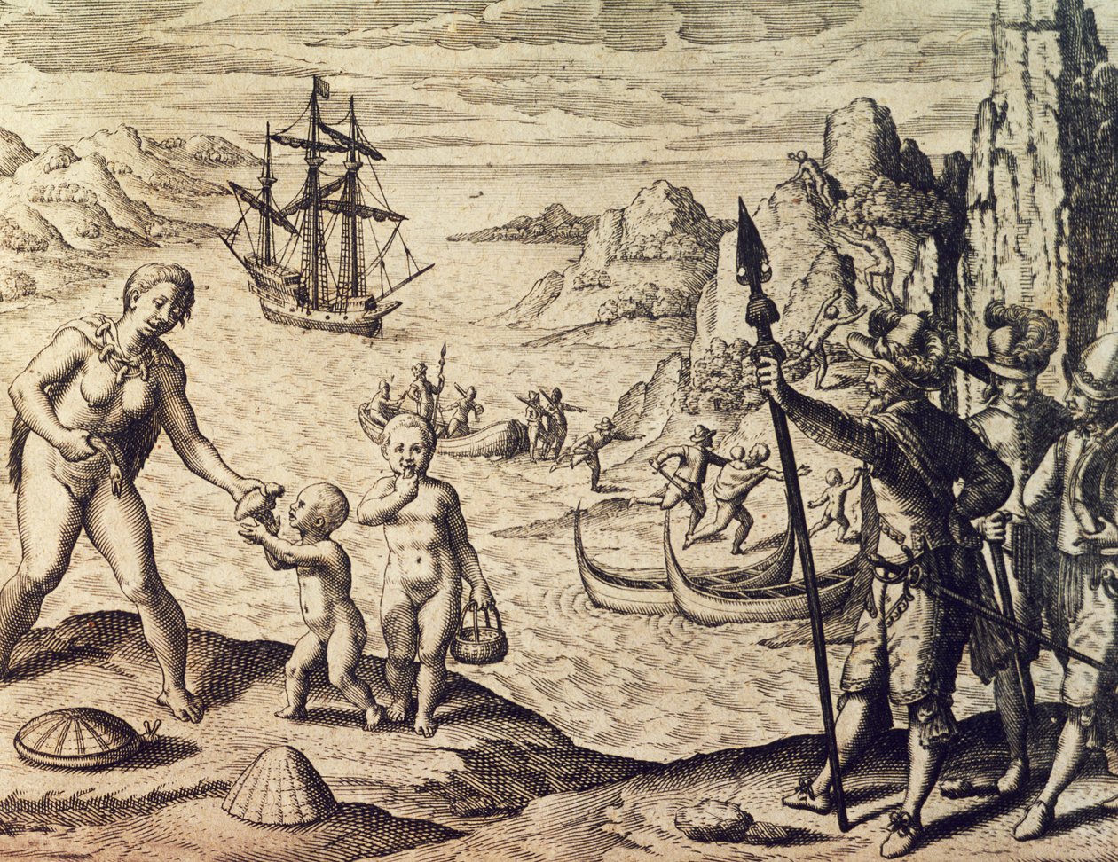 डच कप्तान सेबाल्ट डी वेर्ट, थिओडोर डी ब्राय (1528-1598), फ्रैंकफर्ट द्वारा, हिस्टोरिया अमेरिका से गुयाना के तट पर उतरते हुए द्वारा थियोडोर डी ब्राय