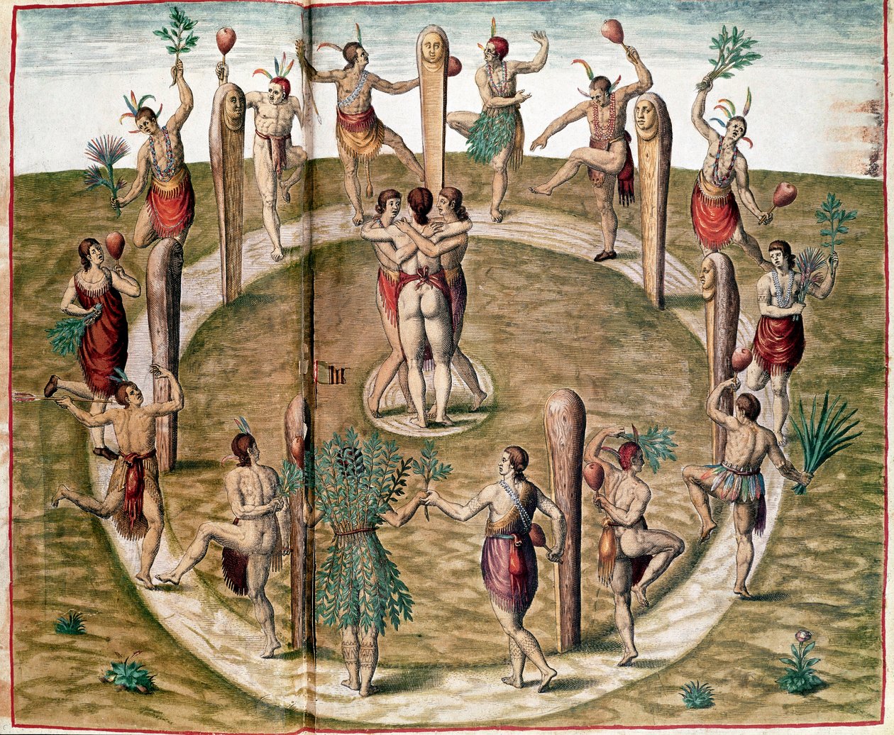 अमेरिका का इतिहास: "" दोस्ती का जश्न मनाने के लिए अनुष्ठान नृत्य"" थियोडोर डी ब्राय द्वारा उत्कीर्णन (1528-1598)। १६वीं सदी के विन्सेनेस, नौसेना का ऐतिहासिक संग्रहालय द्वारा थियोडोर डी ब्राय