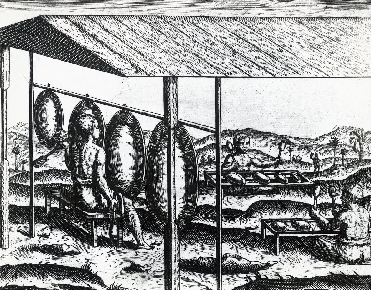 जावानीज़ संगीत वाद्ययंत्र, थियोडोर डी ब्राय द्वारा (1528-1598), उत्कीर्णन द्वारा थियोडोर डी ब्राय