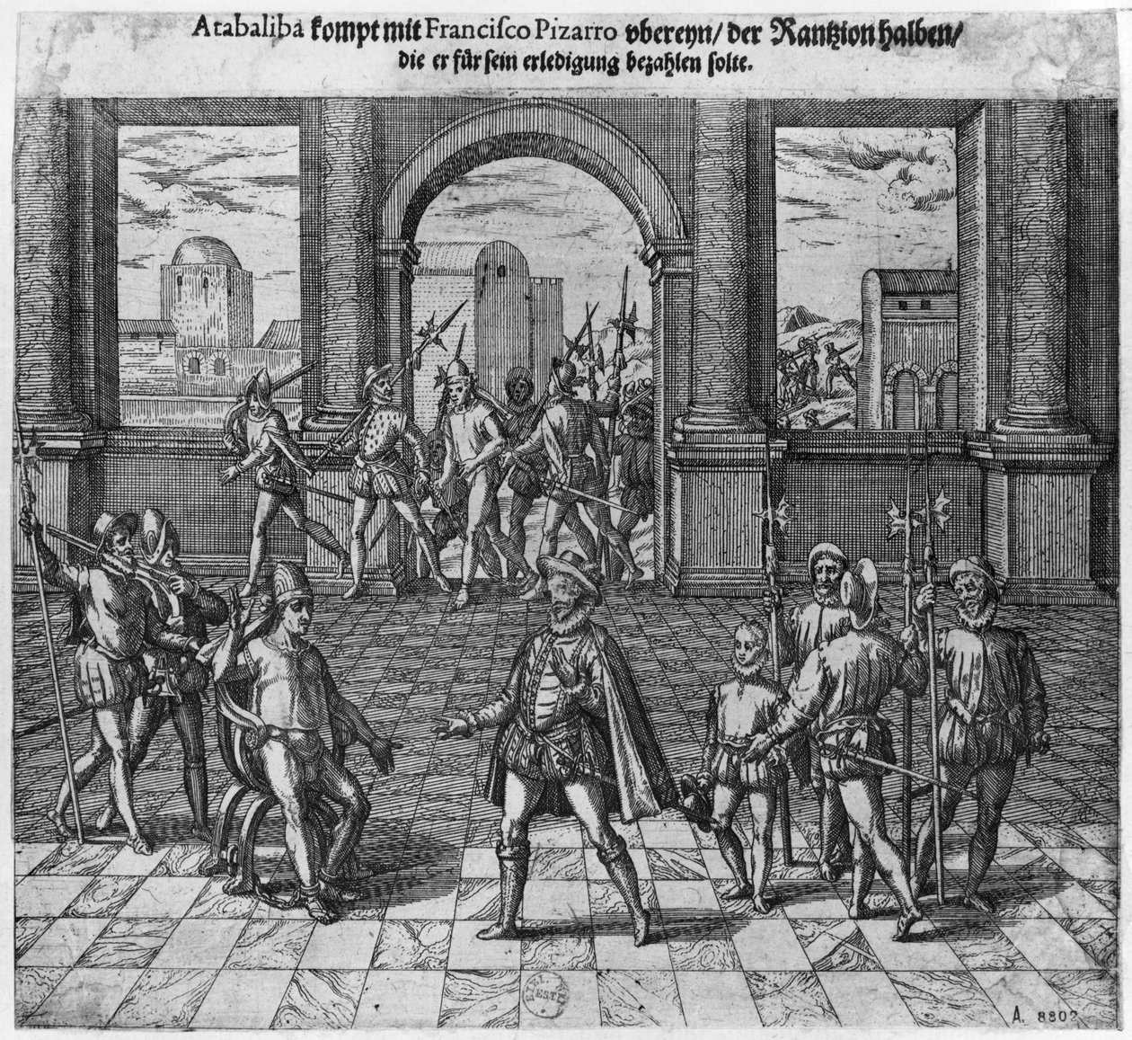 राजा अताहुअल्पा (c.1502-33) ने अपने फिरौती का इलाज फ्रांसिस्को पिजारो, 1533 (उत्कीर्णन) (bw फोटो) द्वारा थियोडोर डी ब्राय