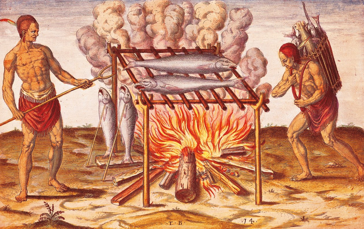 नेटिव्स लिव्स: हाउ इंडियन कुक फिश, इलस्ट्रेशन फ्रॉम एडमिरंडा नरेटियो बाय थियोडोर डी ब्रायू द्वारा थियोडोर डी ब्राय