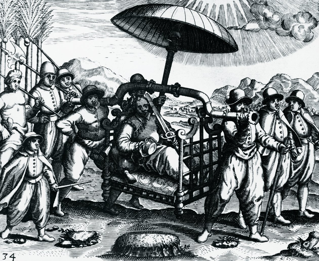 भारत में पुर्तगाली, थियोडोर डी ब्राय (1528-1598), भारत द्वारा, पेरेग्रिनेशन्स से उत्कीर्णन, कूड़े पर ले जाया जा रहा है द्वारा थियोडोर डी ब्राय