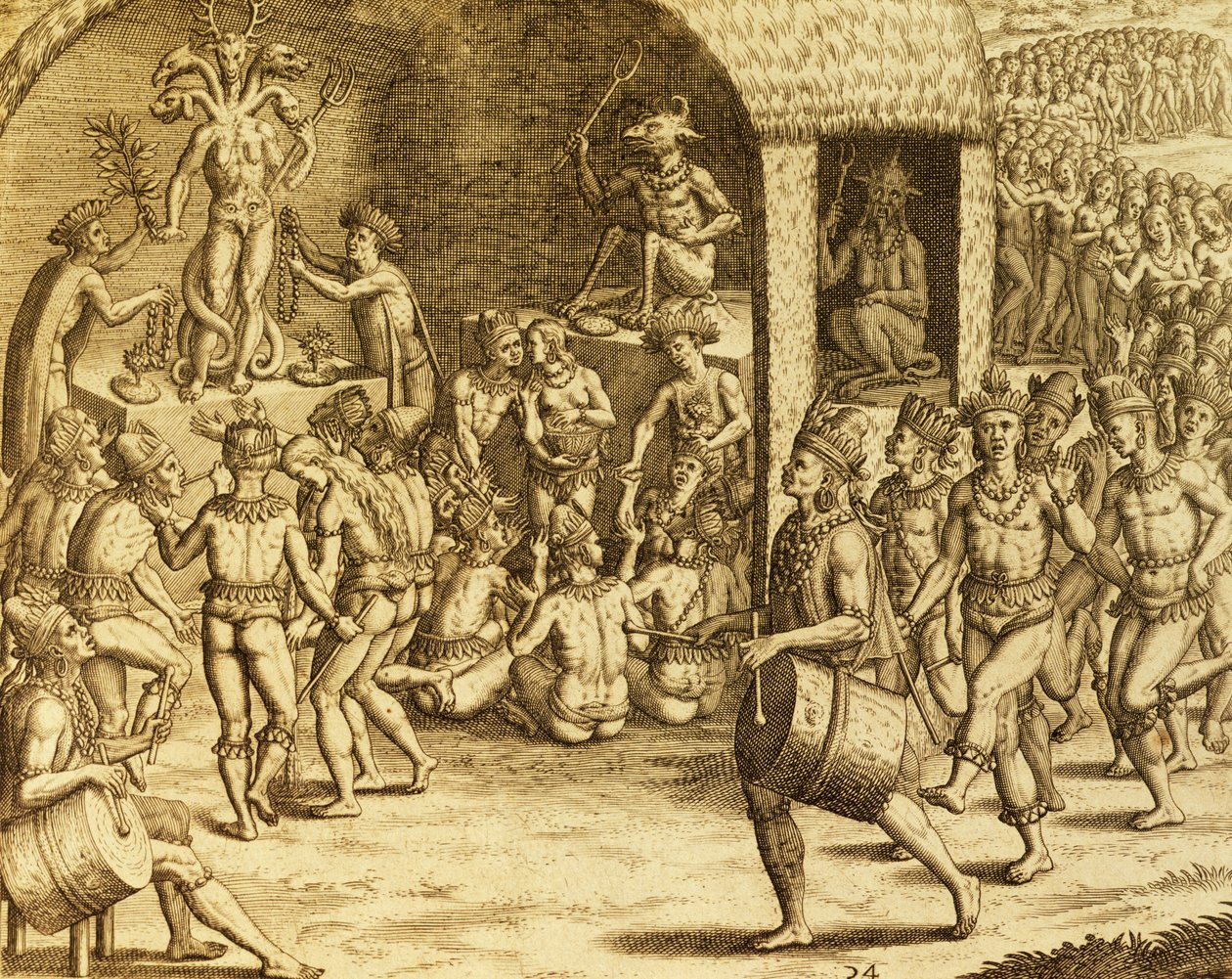 दक्षिण अमेरिकी स्वदेशी धार्मिक संस्कार, थियोडोर डी ब्राय (1528-1598), फ्रैंकफर्ट द्वारा हिस्टोरिया अमेरिका से उत्कीर्ण द्वारा थियोडोर डी ब्राय