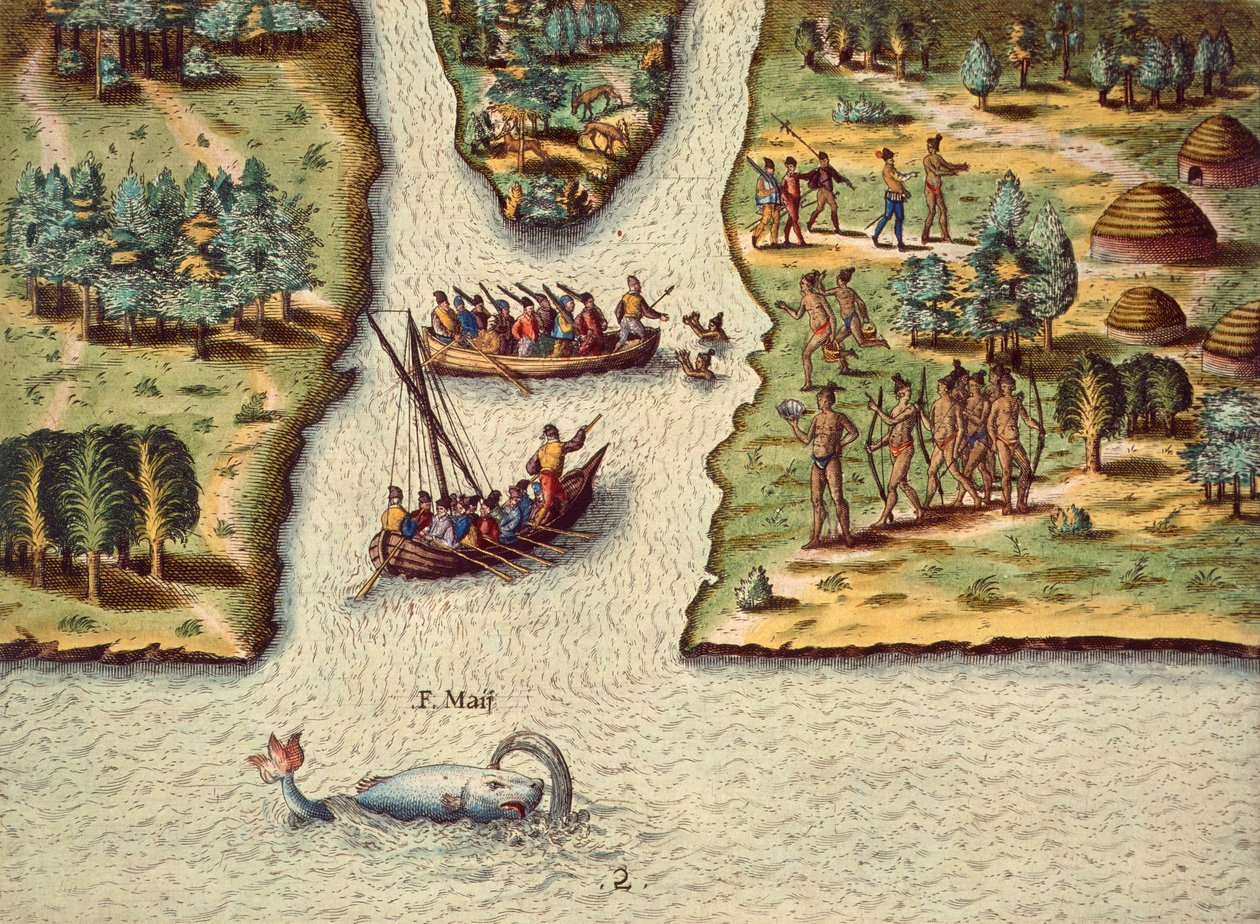फ़्रांसीसी का आगमन, थिओडोर डी ब्राय द्वारा उत्कीर्ण (1528-1598), द डिस्कोर्स ऑफ़ फ़्लोरिडा से। द्वारा थियोडोर डी ब्राय