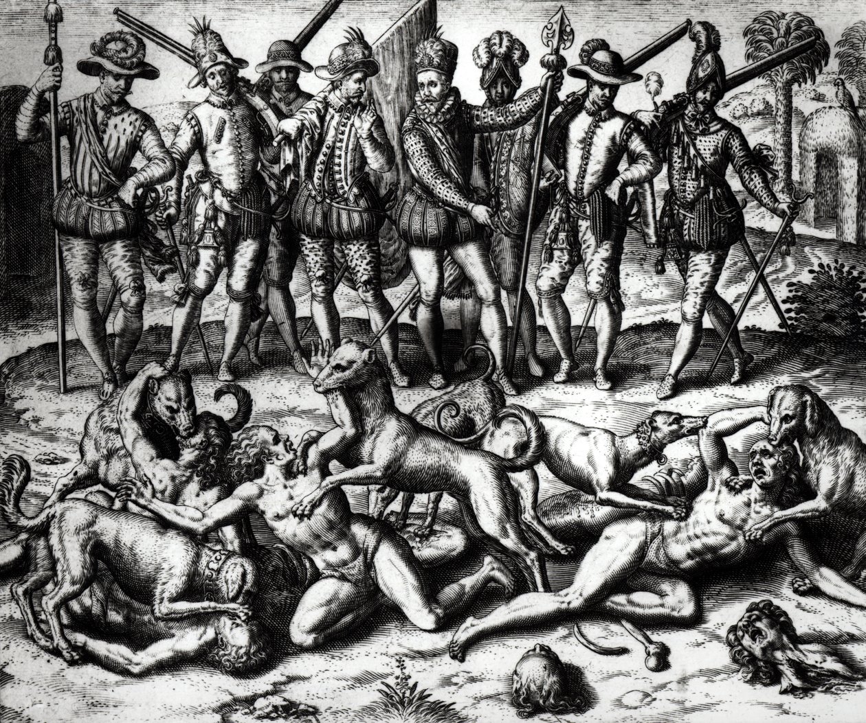 वास्को नुनेज़ डी बलबोआ (1475-1571) के कुत्तों ने भारतीयों पर हमला किया द्वारा थियोडोर डी ब्राय