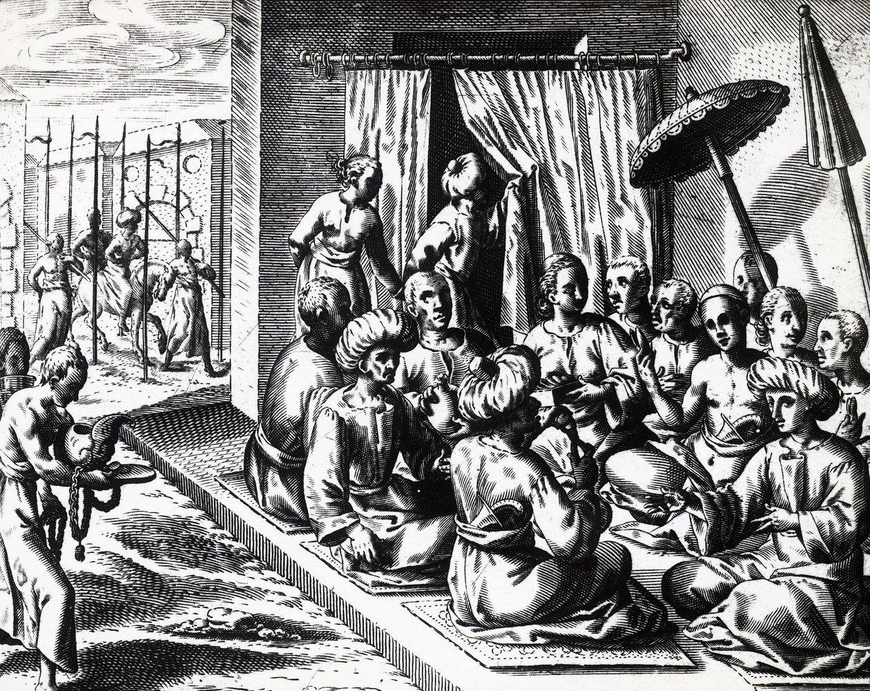 थियोडोर डी ब्राय (1528-1598) द्वारा बेंटम, जावा द्वीप में विवाह समारोह। एनग्रेविंग द्वारा थियोडोर डी ब्राय