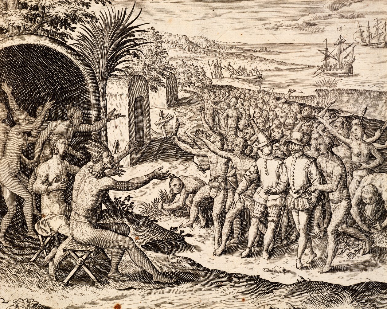 डच का स्वागत करते हुए, थियोडोर डी ब्राय (1528-1598), इंडोनेशिया द्वारा वर्क इंडिया ओरिएंटलिस से उत्कीर्णन द्वारा थियोडोर डी ब्राय