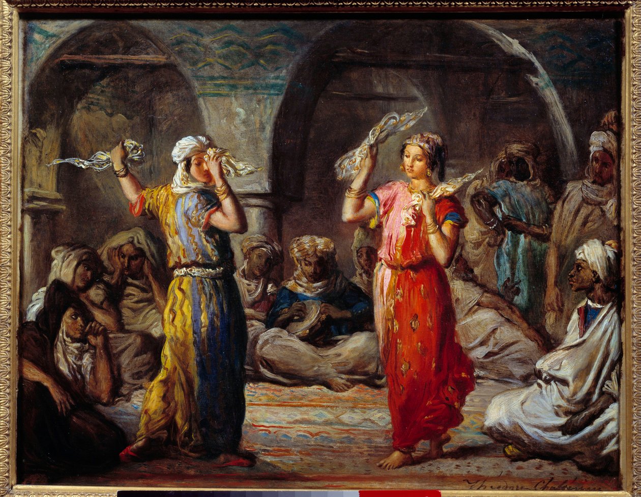 ओरिएंटलिज्म: "" टिश्यू डांस: मोरक्कन डांसर्स"" थिओडोर चेसेरियु (1819-1856) द्वारा 19वीं सदी के सूर्य द्वारा पेंटिंग। 0,32x0,4 वर्ग मीटर द्वारा थियोडोर चेसियारौ