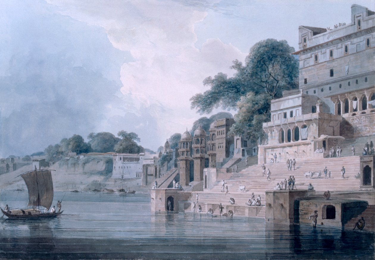 दासस्वमेध घाट, बनारस, उत्तर प्रदेश, c.1788-89 (रंगीन जलीय) द्वारा थॉमस और विलियम डेनियल