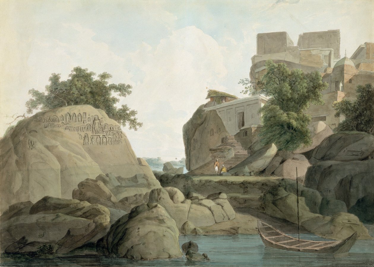 गंगा नदी पर सुल्तानगंज में फकीर की चट्टान, c.1790 (कागज पर ग्रेफाइट से अधिक) द्वारा थॉमस और विलियम डेनियल