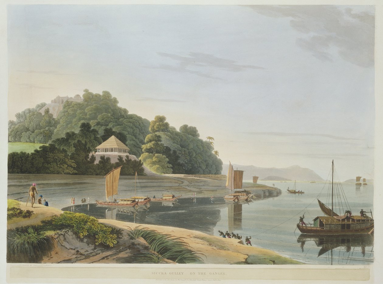 गंगा पर सिसिली गली, &39;ओरिएंटल दृश्यों&39; के भाग 6 से प्लेट IX, पब। 1804 (एक्वाटिंट) द्वारा थॉमस और विलियम डेनियल
