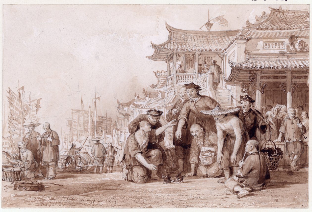 कैंटन बार्गेमेन फाइटिंग क्वाइल्स, 1843 (कागज पर स्याही रहित पेंसिल) द्वारा थॉमस एलोम