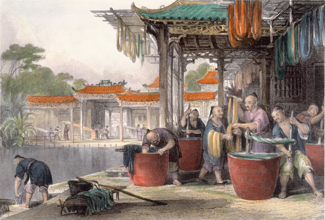 जी न्यूनेहम राइट (c.1790-1877) द्वारा जी पैटरसन, 1843 द्वारा उत्कीर्ण &39;चाइना इन सीरीज़ ऑफ सीन्स&39; से डाइंग एंड विंडिंग सिल्क द्वारा थॉमस एलोम