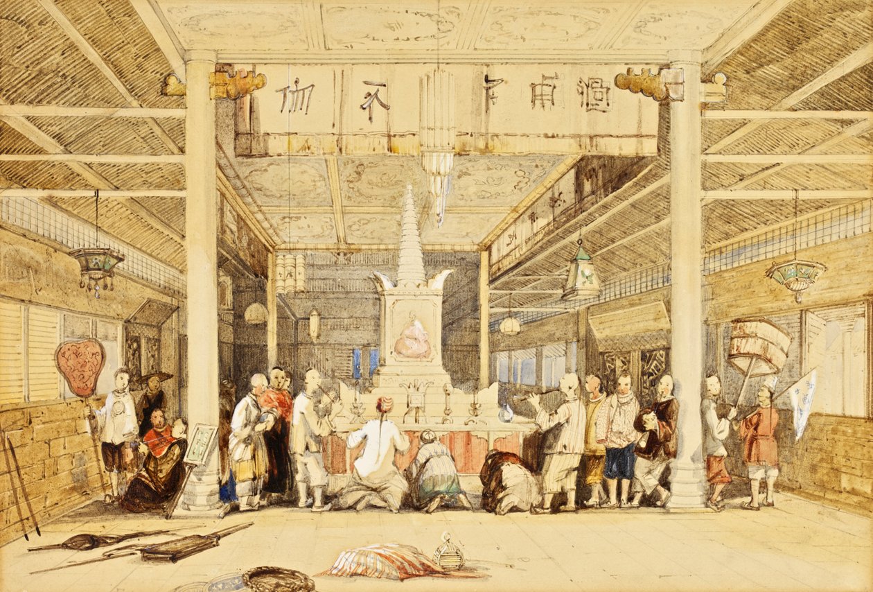 बुद्ध का मंदिर, कैंटन, c.1850 (पेन und स्याही, पेंसिल, वॉश, कागज पर सफेद रंग के साथ ऊंचा) द्वारा थॉमस एलोम