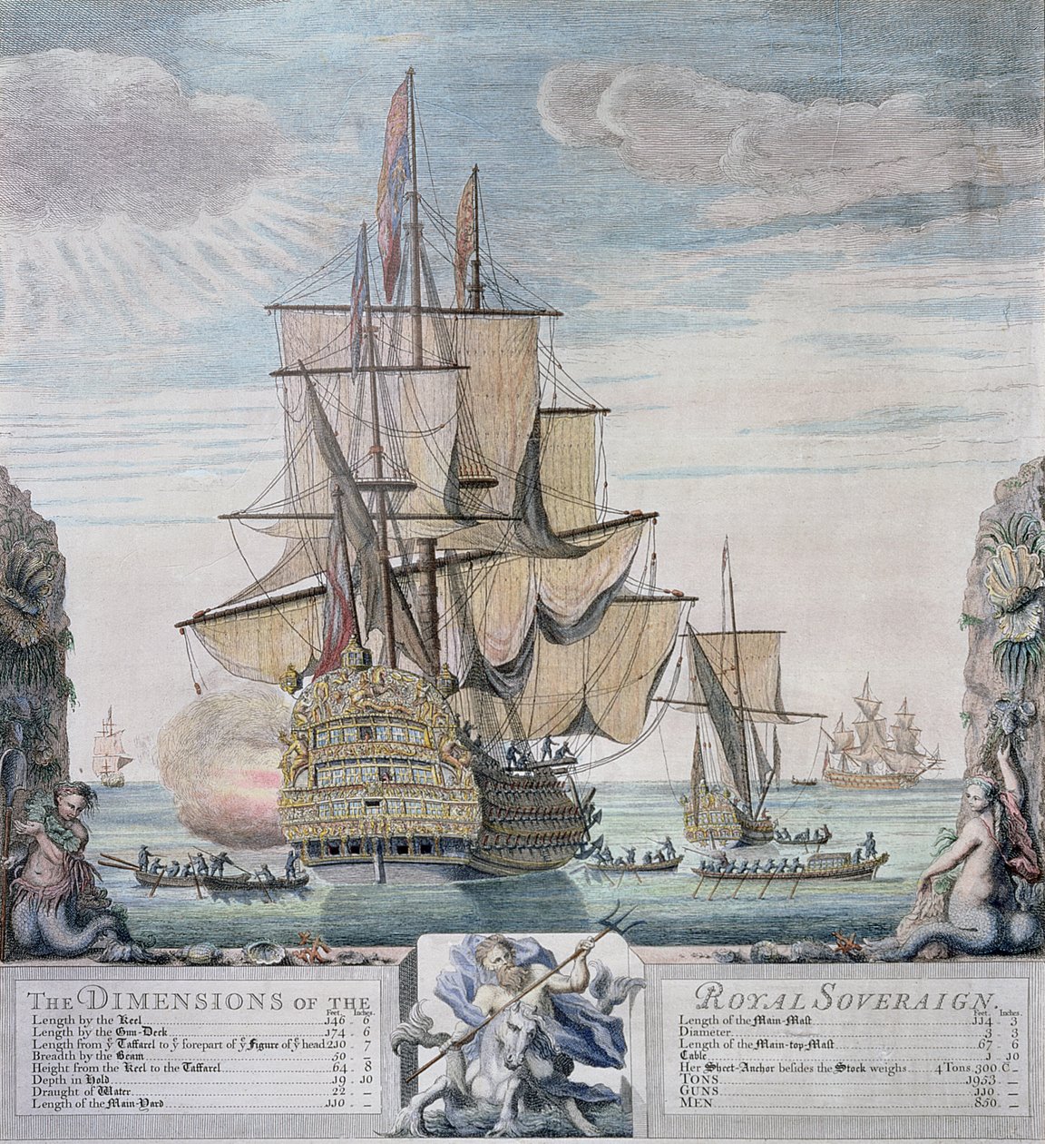 रॉयल सॉवरेन के आयाम, क्लाउड डू बोस द्वारा उत्कीर्ण, c.1721 (रंगीन नक़्क़ाशी) द्वारा थॉमस बैस्टन