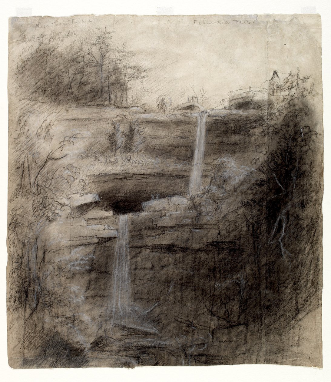 डबल झरना - कैटरस्किल फॉल्स, 1826 (लकड़ी का कोयला, काले और सफेद क्रेयॉन और कागज पर ग्रेफाइट पेंसिल) द्वारा थॉमस कोल