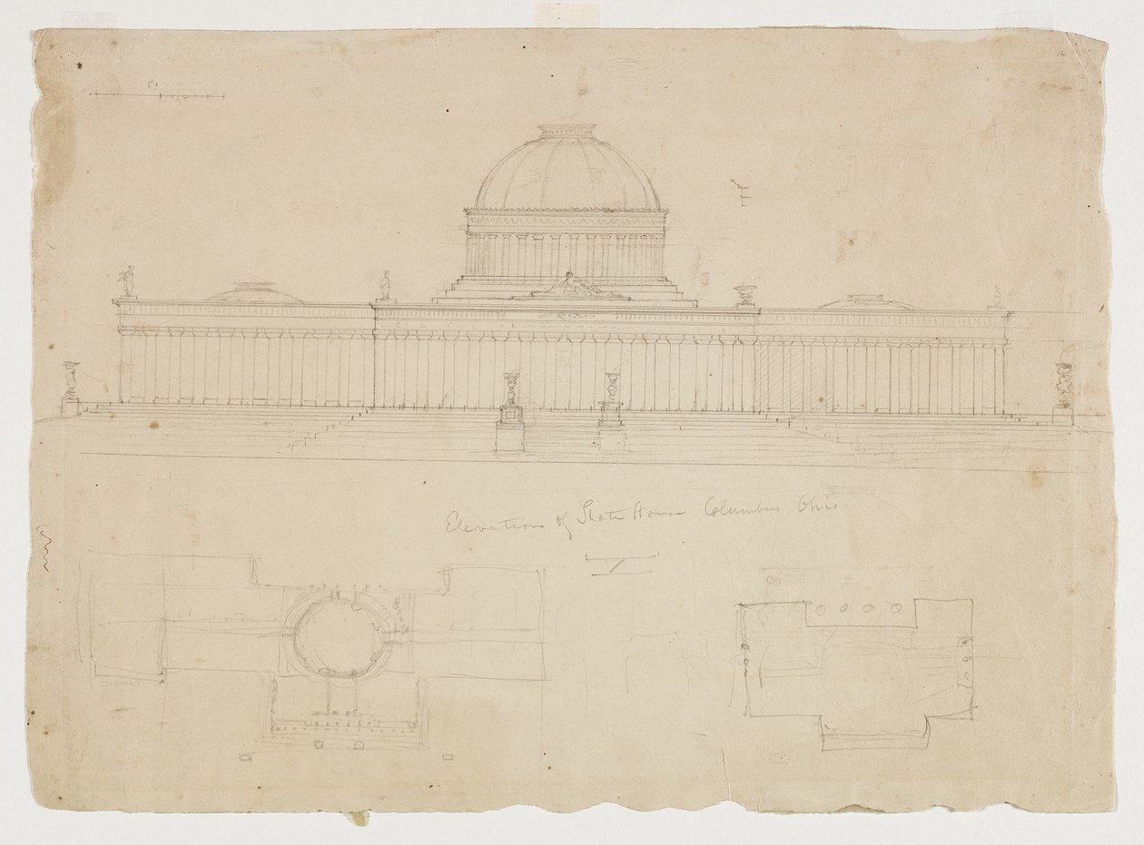 स्टेट हाउस, कोलंबस, ओहियो की ऊंचाई, c.1838 (बेज वोव पेपर पर ग्रेफाइट पेंसिल) द्वारा थॉमस कोल