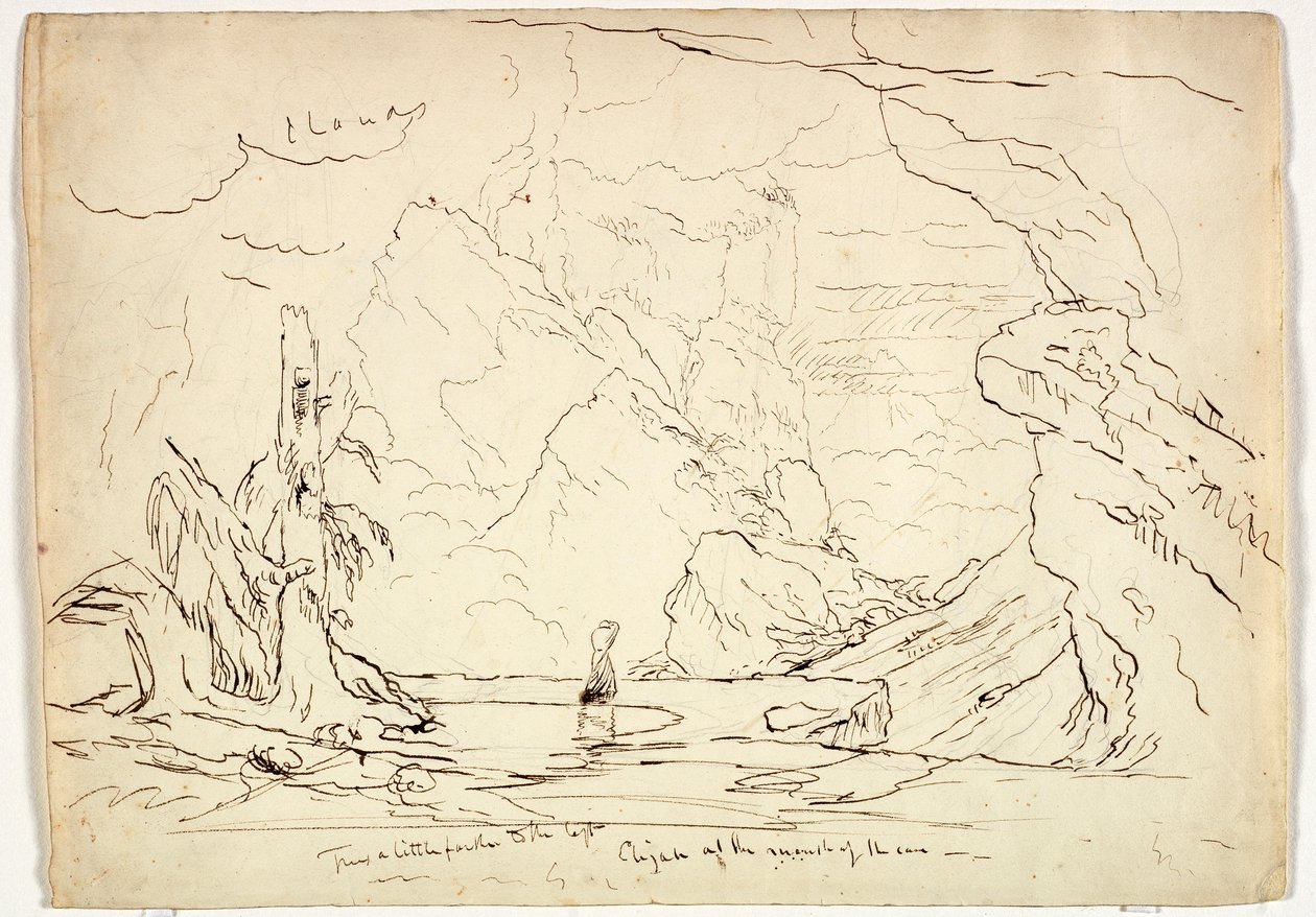 गुफा के मुहाने पर एलिजा, c.1829 (कागज पर ग्रेफाइट पर स्याही और स्याही) द्वारा थॉमस कोल