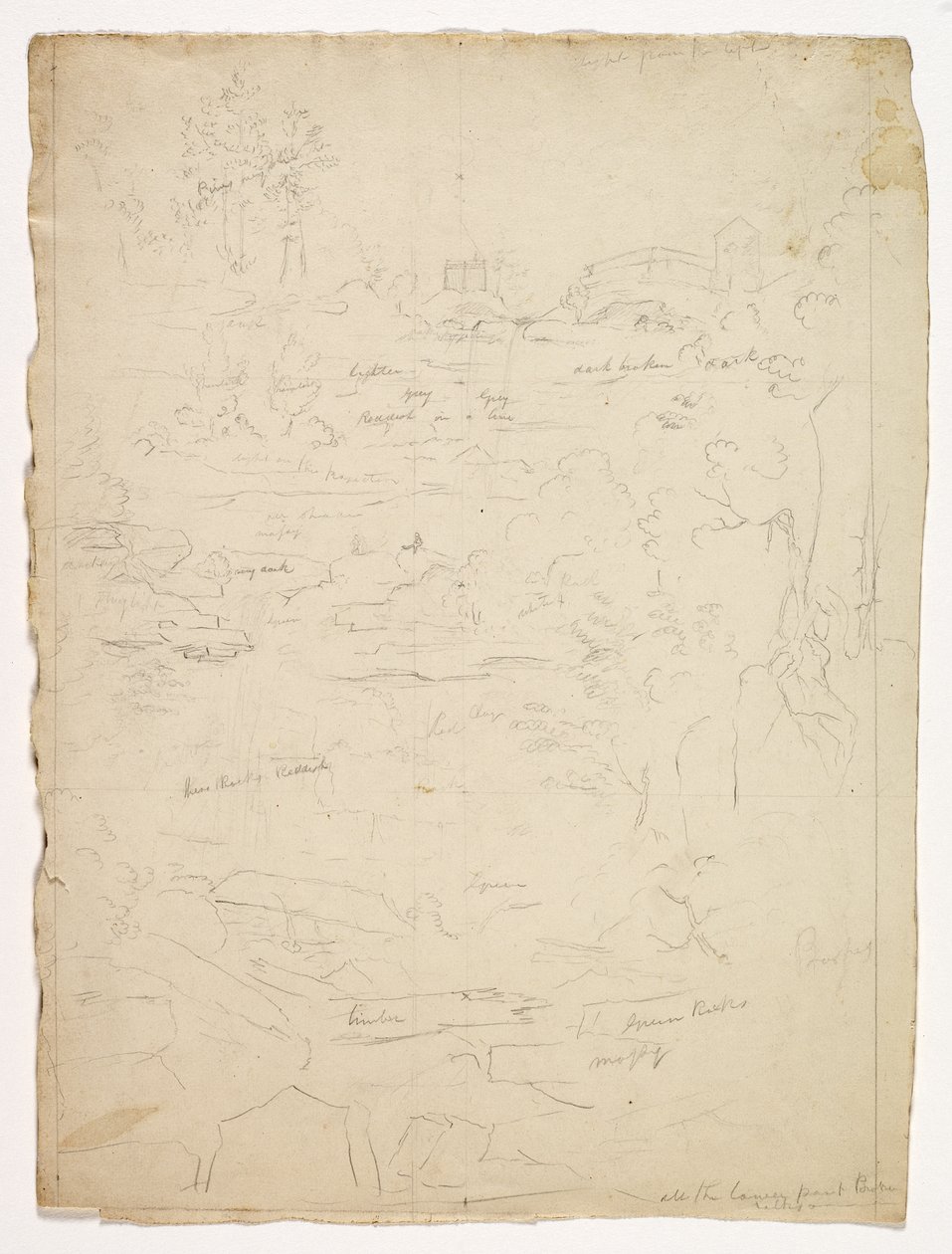 कैटरस्किल फॉल्स के शीर्ष से, 1826 (ऑफ-व्हाइट वॉव पेपर पर ग्रेफाइट पेंसिल) द्वारा थॉमस कोल