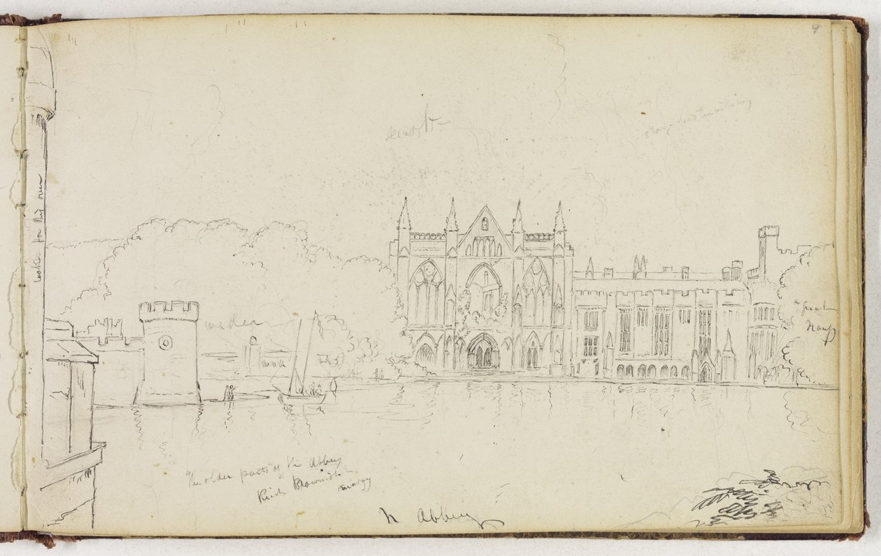 Newstead Abbey, नॉटिंघमशायर, इंग्लैंड, c.1830 (ऑफ-व्हाइट वॉव पेपर पर ग्रेफाइट पेंसिल पर कलम और काली स्याही) द्वारा थॉमस कोल