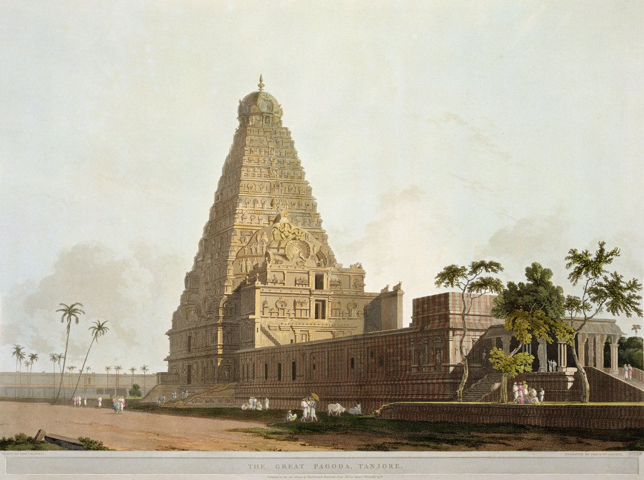 द ग्रेट पैगोडा, तंजौर, &39;ओरिएंटल सीन्स&39; से प्लेट XXIV, 1798 प्रकाशित (रंग जलीय) द्वारा थॉमस डेनिएल