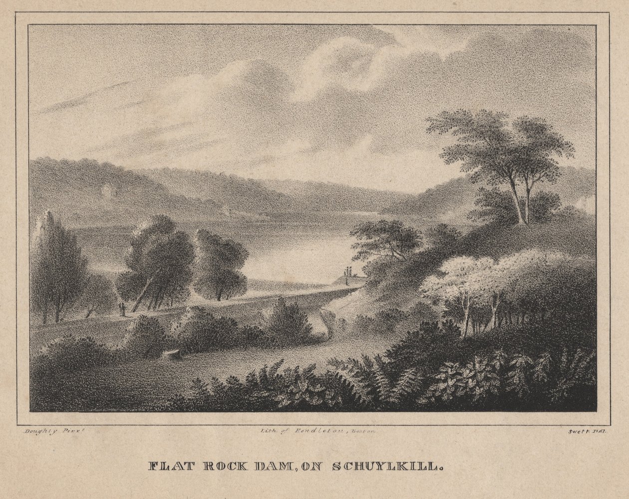 फ्लैट रॉक डैम, शूयकिल पर, मोशे स्विट द्वारा उत्कीर्ण, 1827 द्वारा थॉमस डौटी