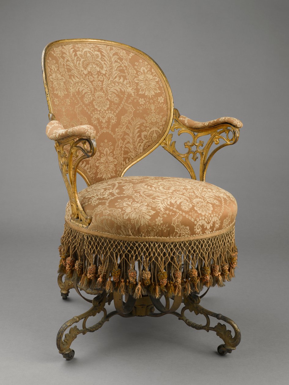 Centripital स्प्रिंग चेयर, c.1849-58 (कच्चा लोहा, लकड़ी, आधुनिक असबाब, आधुनिक ट्रिम, मूल फ्रिंज) द्वारा थॉमस ई। वॉरेन