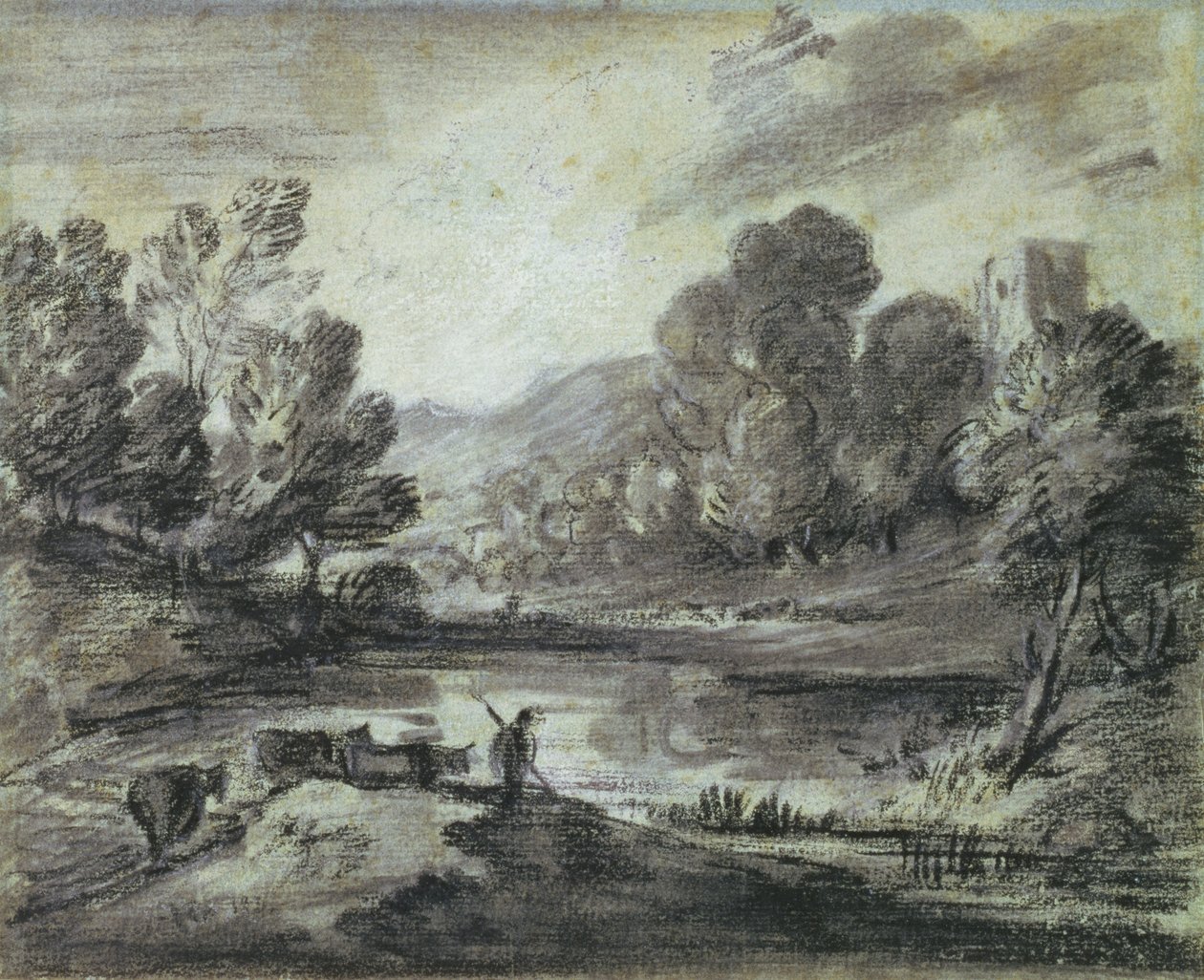 एक पहाड़ी परिदृश्य, c.1775-80 (काले चाक, नीले कागज पर स्टंप और सफेद चाक) द्वारा थॉमस गेन्सबोरो