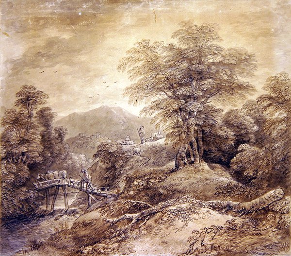वुडेड माउंटेन लैंडस्केप हेरड्समैन एंड कॉज क्रॉसिंग, 1759 (कागज पर कलम, स्याही और डब्ल्यूसी) (352793 भी देखें) द्वारा थॉमस गेन्सबोरो